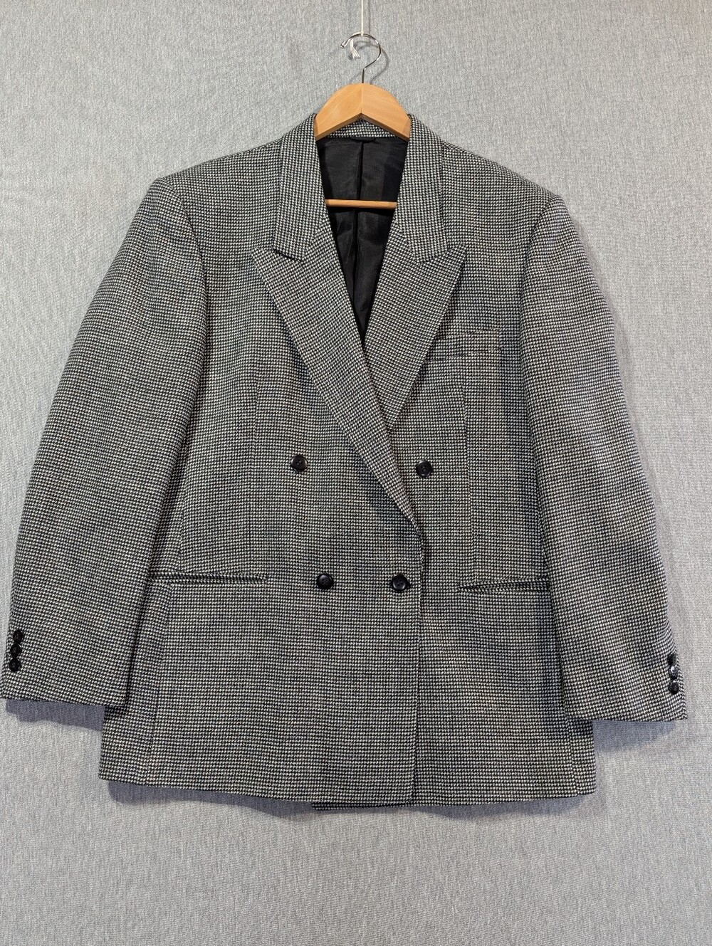 Vintage Houndstooth Sport Blazer Wool Blend Men's 42 Reg Gray Black